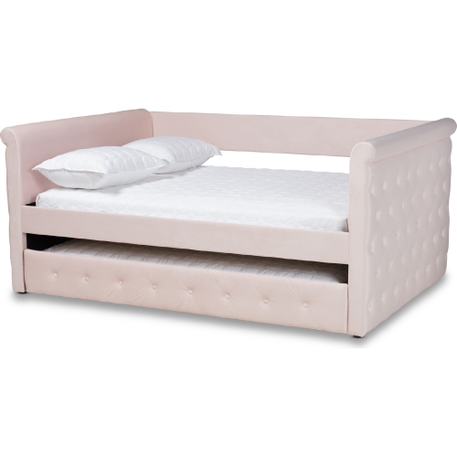 Amaya Full Daybed with Trundle in Tufted Light Pink Velvet