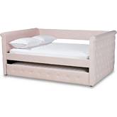 Amaya Full Daybed with Trundle in Tufted Light Pink Velvet