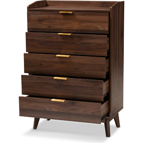 Lena 5 Drawer Chest in Walnut Brown Finish