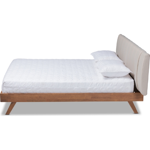 Brita Queen Bed in Tufted Light Beige Fabric & Walnut Finish