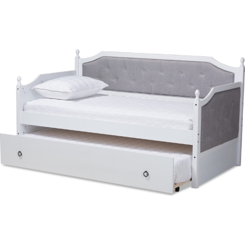 Mara Twin Daybed with Trundle in Gray Fabric & White Wood