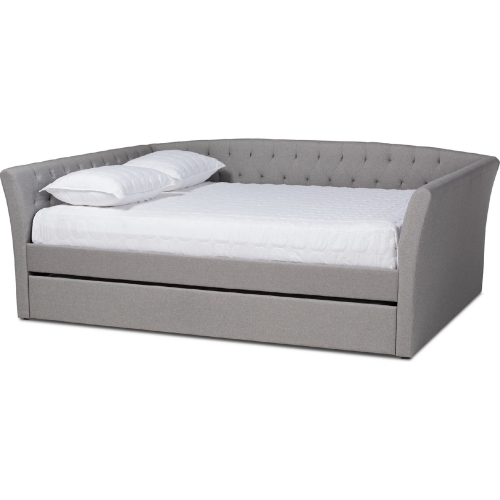 Delora Full Daybed with Roll Out Trundle in Tufted Light Gray Fabric