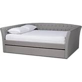 Delora Full Daybed with Roll Out Trundle in Tufted Light Gray Fabric