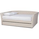 Delora Full Daybed with Roll Out Trundle in Tufted Beige Fabric