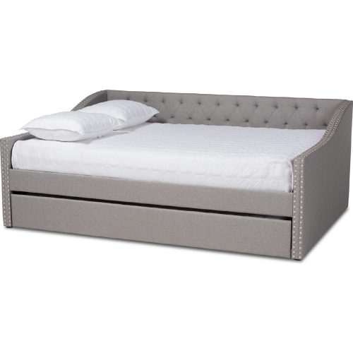 Haylie Queen Daybed with Roll Out Trundle in Tufted Light Gray Fabric