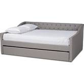 Haylie Full Daybed with Roll Out Trundle in Tufted Light Gray Fabric