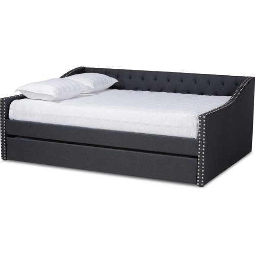 Haylie Queen Daybed with Roll Out Trundle in Tufted Dark Gray Fabric