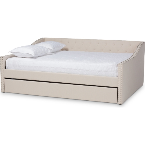 Haylie Queen Daybed with Roll Out Trundle in Tufted Beige Fabric