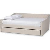 Haylie Full Daybed with Roll Out Trundle in Tufted Beige Fabric