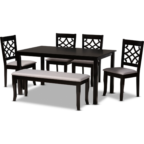 Dori 6 Piece Dining Set in Gray Fabric & Dark Brown Wood