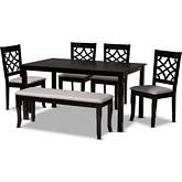 Dori 6 Piece Dining Set in Gray Fabric & Dark Brown Wood