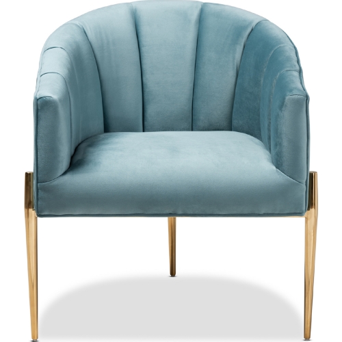 Clarisse Accent Chair in Channel Tufted Light Blue Velvet & Gold