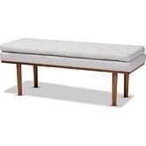 Arne Bench in Gray Beige Fabric Walnut Finish