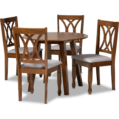 Leon 5 Piece Dining Set in Gray Fabric & Walnut Brown Finish