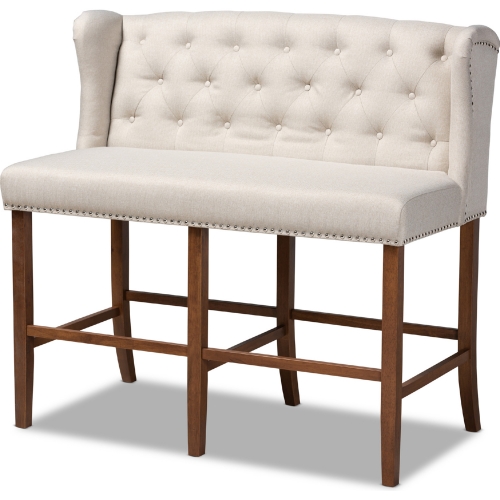 Alira Bar Stool Bench in Tufted Beige Fabric & Walnut Finish Wood