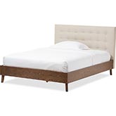 Alinia Queen Platform Bed in Tufted Light Beige Fabric & Walnut Finish