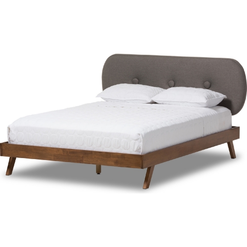 Penelope King Platform Bed in Gray Fabric & Walnut Finish