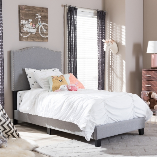 Benjamin Twin Arched Bed in Gray Fabric with Nailhead Trim