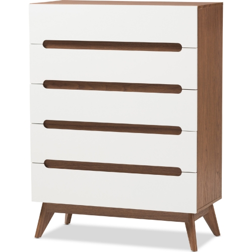 Calypso 5 Drawer Storage Chest in White & Walnut Finish Wood