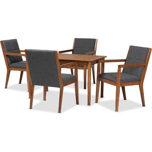 Theresa 5 Piece Dining Set in Walnut Finish Wood & Grey Fabric