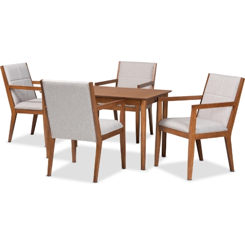 Theresa 5 Piece Dining Set in Walnut Finish Wood & Grey Beige Fabric