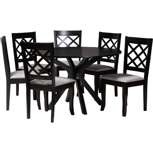 Jana 7 Piece Dining Set in Grey Fabric & Espresso Brown Wood