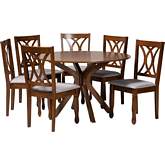 Maya 7 Piece Dining Set in Walnut Brown Finish Wood & Grey Fabric