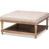 Kelly Ottoman in Tufted Beige Linen Fabric & Gray Wash Wood