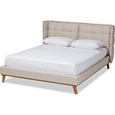 Gretchen Queen Platform Wingback Bed in Beige Fabric & Walnut Finish