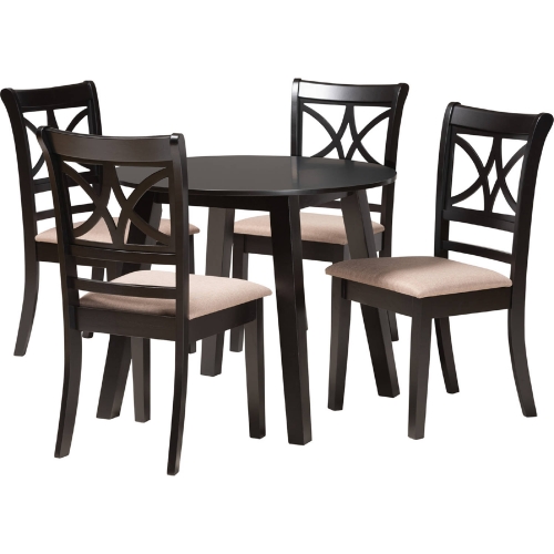 Brooke 5 Piece Dining Set in Dark Brown Wood & Beige Fabric