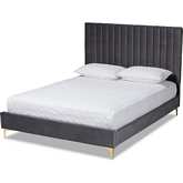 Serrano Queen Platform Bed in Chevron Tufted Grey Velvet & Gold Metal