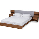 Sami Queen Storage Bed with Built In Nightstands in Gray Fabric & Walnut