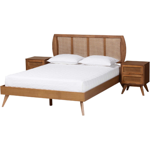 Asami King 3 Piece Bedroom Set in Walnut Brown Finish Wood & Woven Rattan