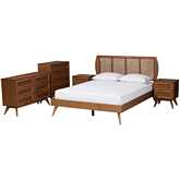 Asami King 5 Piece Bedroom Set in Walnut Brown Finish Wood & Woven Rattan