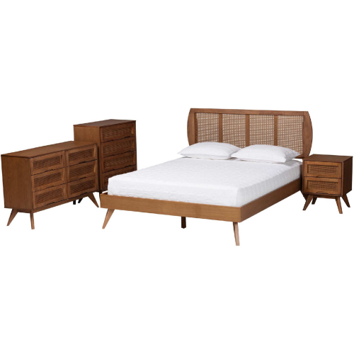 Asami Queen 4 Piece Bedroom Set in Walnut Brown Finish Wood & Woven Rattan