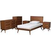 Melora 5 Piece Twin Bedroom Set in Walnut Brown Finish Wood & Rattan