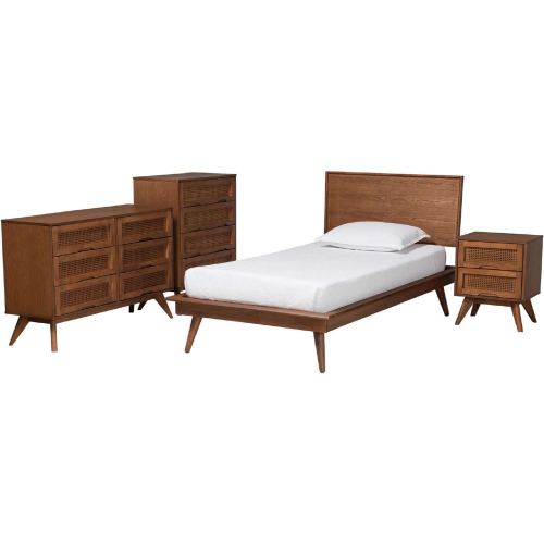 Melora 4 Piece Twin Bedroom Set in Walnut Brown Finish Wood & Rattan