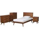 Melora 4 Piece Twin Bedroom Set in Walnut Brown Finish Wood & Rattan
