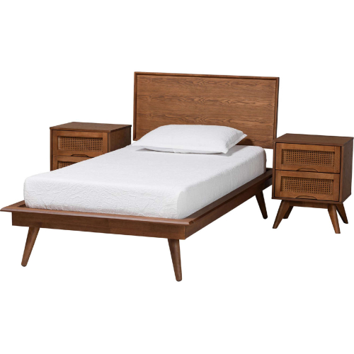 Melora 3 Piece Twin Bedroom Set in Walnut Brown Finish Wood & Rattan
