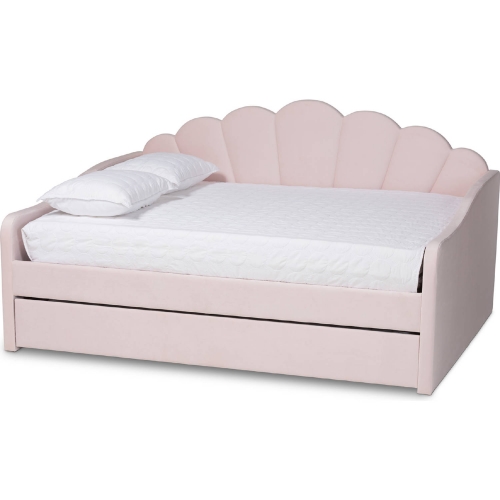 Timila Queen Daybed with Twin Trundle in Light Pink Velvet