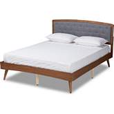Ratana Full Platform Bed in Tufted Grey Fabric & Walnut Finish Wood