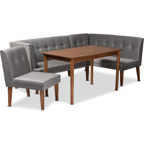 Stewart 4 Piece Dining Nook Set in Tufted Grey Velvet & Walnut Finish