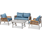 Nicholson 4 Piece Outdoor Loveseat Set in Blue Fabric & Brown PE Rattan