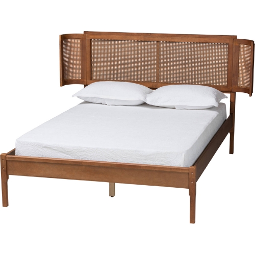 Eridian Full Platform Bed in Walnut Brown Finish Wood & Natural Rattan
