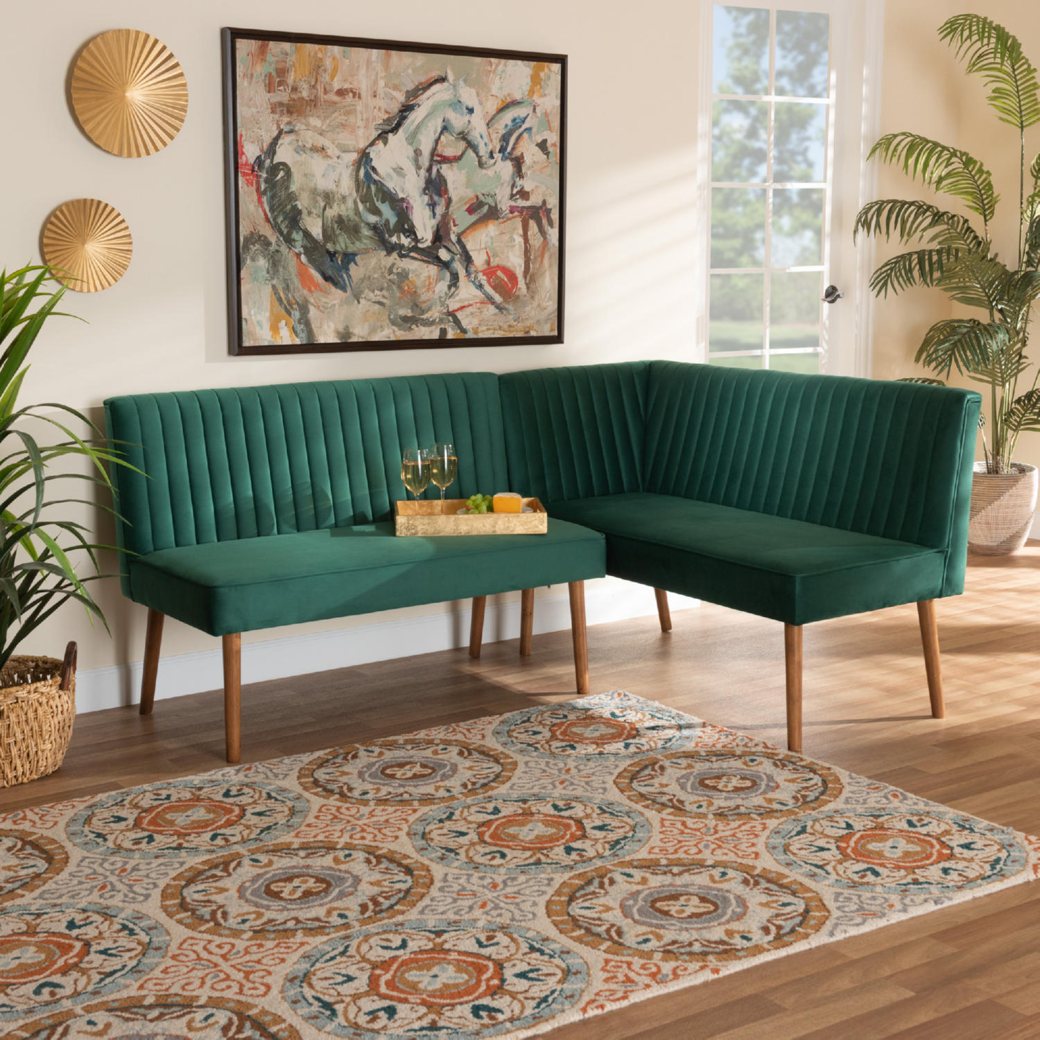 Baxton BBT8063-Emerald Velvet/Walnut-2PC SF Bench Alvis 2 PC