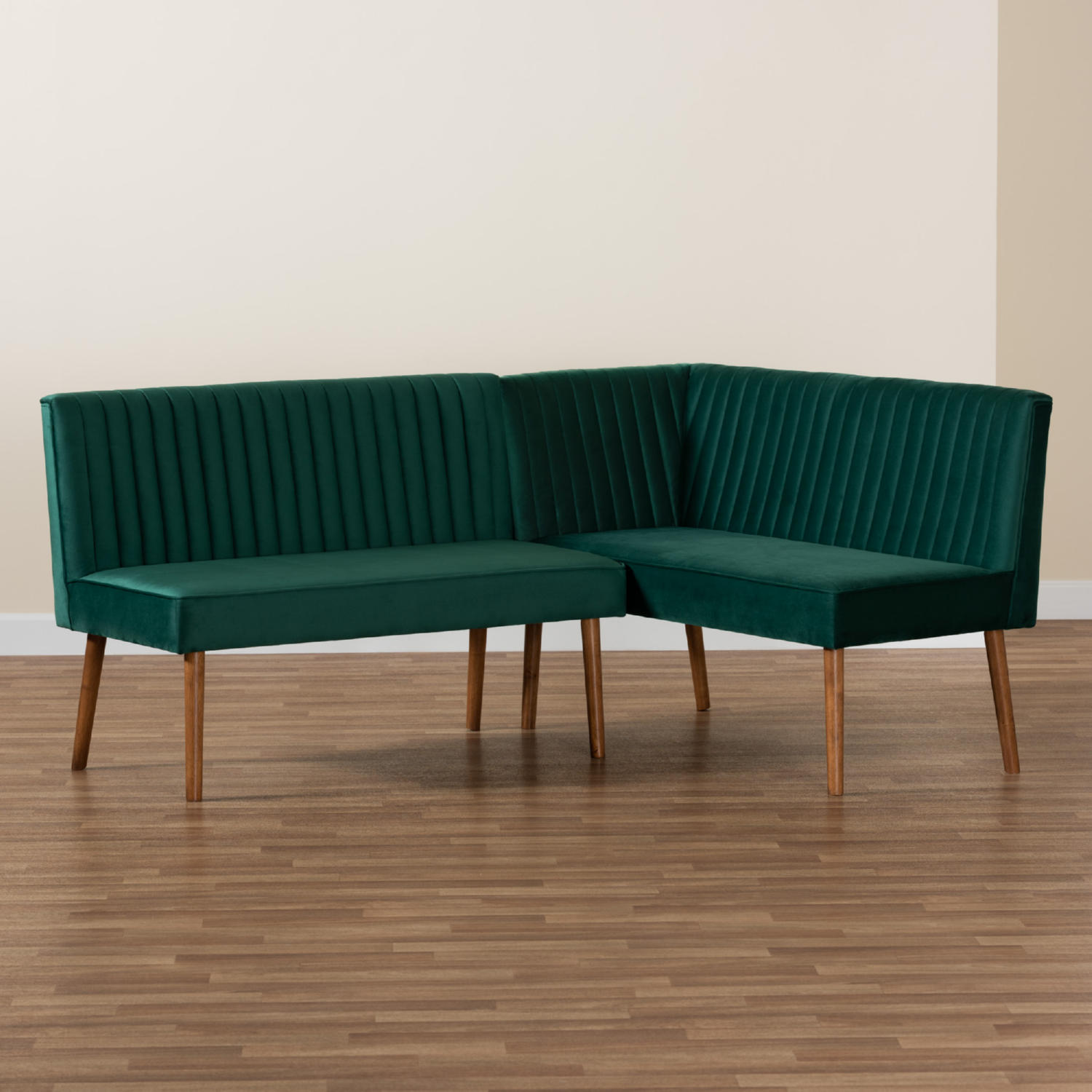 Baxton BBT8063-Emerald Velvet/Walnut-2PC SF Bench Alvis 2 PC