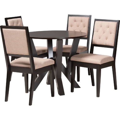 Kai 5 Piece Dining Set in Dark Brown Wood & Sand Fabric