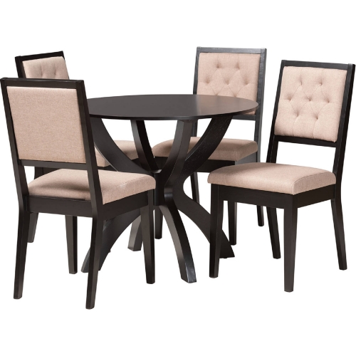Noe 5 Piece Dining Set in Dark Brown Wood & Tufted Sand Fabric