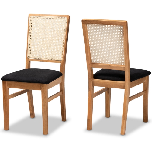 Idris Dining Chair in Oak Finish, Rattan & Black Fabric (Set of 2)