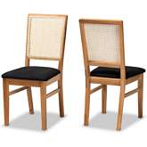 Idris Dining Chair in Oak Finish, Rattan & Black Fabric (Set of 2)